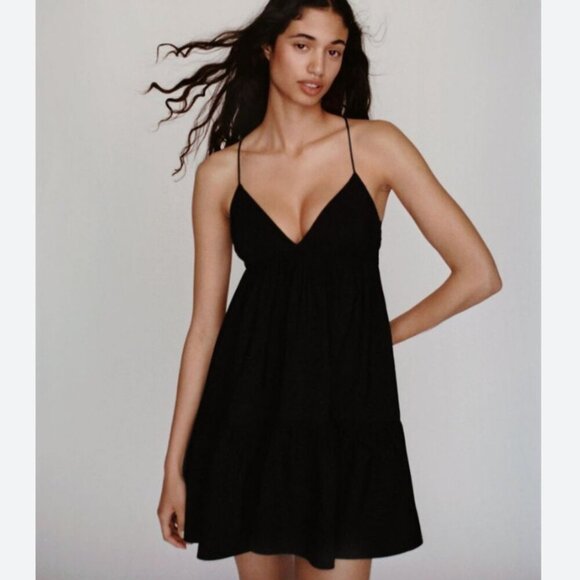 Zara Poplin Short Dress w/ Straps NWT Black Size Small - Picture 2 of 10